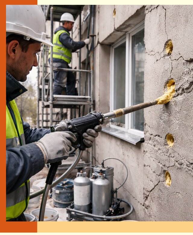 Заполнение пустот в фасаде и утепление стен в Сосновом Бору